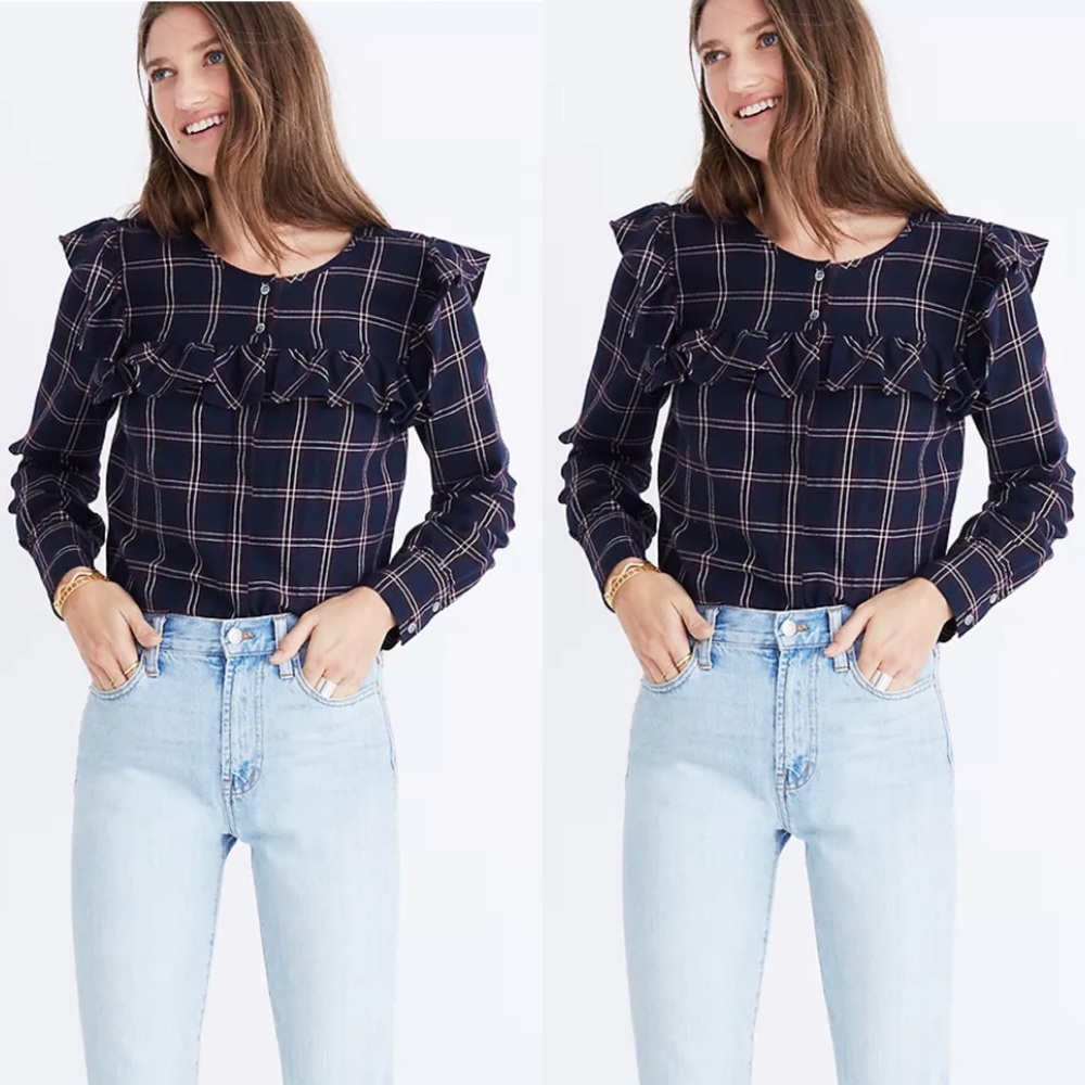 Madewell Plaid Ruffle Yoke Top size small
